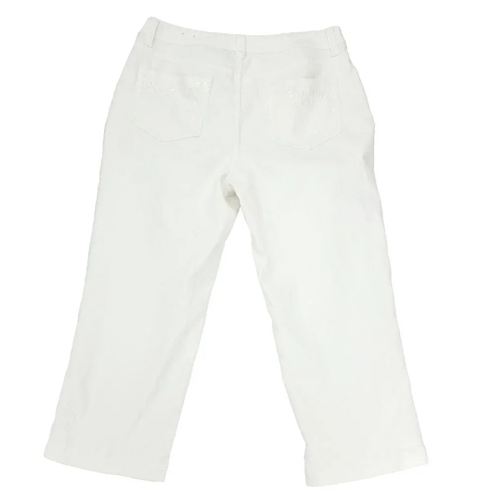 Chicos Platinum Jeans Womens 0.5 (US 6 /S) White Cecile OCP Sequin Strech Capri - Picture 7 of 11